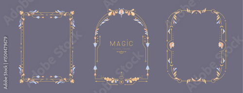 Set of modern magic witchcraft frames with floral elements and ornament. Decorative floral design. Vector illustration