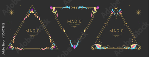 Set of modern magic witchcraft triangle frames with floral elements and ornament. Decorative floral design. Vector illustration