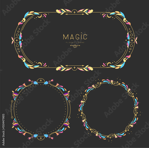Set of modern magic witchcraft frames with floral elements and ornament. Decorative floral design. Vector illustration