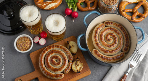 Wallpaper Mural Grilled coiled sausages with mustard, beer and pretzels on festive Oktoberfest table Torontodigital.ca