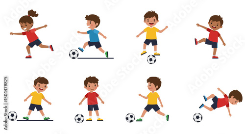 Diverse Cartoon Children Playing Soccer in Various Poses and Outfits