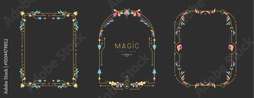Set of modern magic witchcraft frames with floral elements and ornament. Decorative floral design. Vector illustration