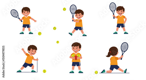 Diverse Children Engaging in Tennis Activities Showing Various Poses