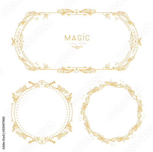 Set of modern magic witchcraft frames with floral elements and ornament. Line art decorative floral design. Vector illustration