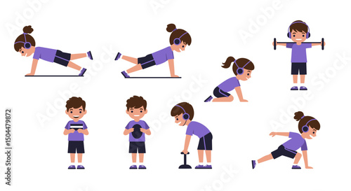 Diverse Children Engaging in Various Exercise Poses with Headphones