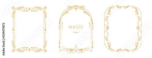 Set of modern magic witchcraft frames with floral elements and ornament. Line art decorative floral design. Vector illustration