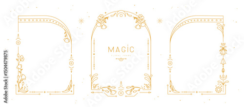 Set of modern magic witchcraft frames with floral elements and ornament. Line art Decorative floral design. Vector illustration