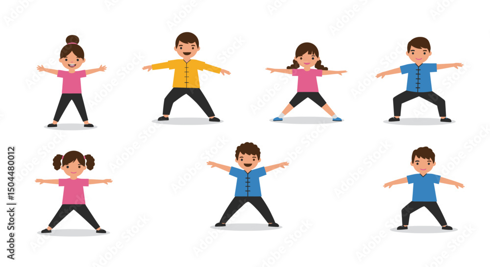 Fototapeta premium Diverse group of children practicing a wide stance exercise with arms outstretched