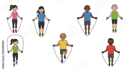 Diverse group of cartoon people skipping rope in athletic attire