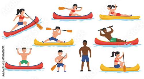 Diverse group of people enjoying canoeing and kayaking in colorful boats
