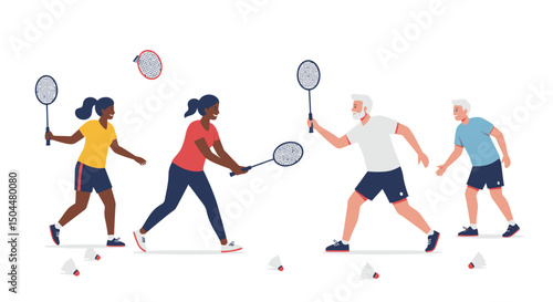 Diverse Group Playing Badminton Enjoying Active Recreation and Friendly Competition
