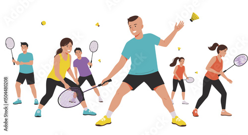 Energetic badminton players in action poised with rackets shuttlecocks in midair