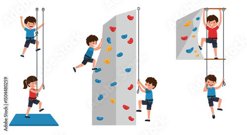 Four Children Engaging in Various Climbing Activities at an Indoor Climbing Gym