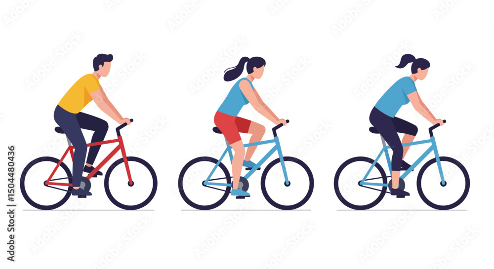 Fototapeta premium Three cyclists riding bicycles one red two blue in motion