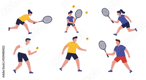 Tennis Players in Action Dynamic Poses and Ball Play Illustration