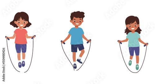 Three Children Joyfully Jumping Rope in a Playful Exercise Scene