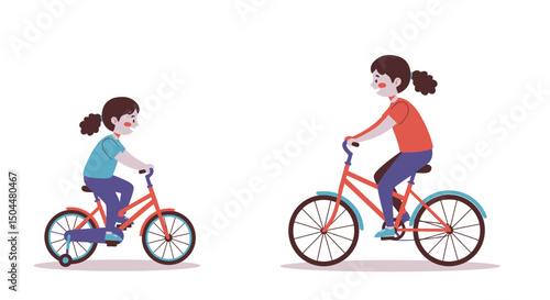 Two girls riding coralcolored bicycles with blue accents one with training wheels