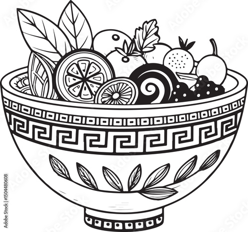 Greek Salad in Bowl, Vector Illustration, Sketch Drawing Line Linear Symbol Icon Engraving Coloring Book, Hand-drawn Black and White Isolated