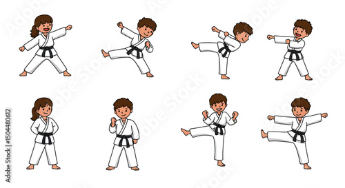 Cartoon Children Practicing Karate Poses Wearing White Uniforms with Black Belts