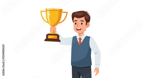 Cartoon man holding golden trophy with brown base and handles aloft