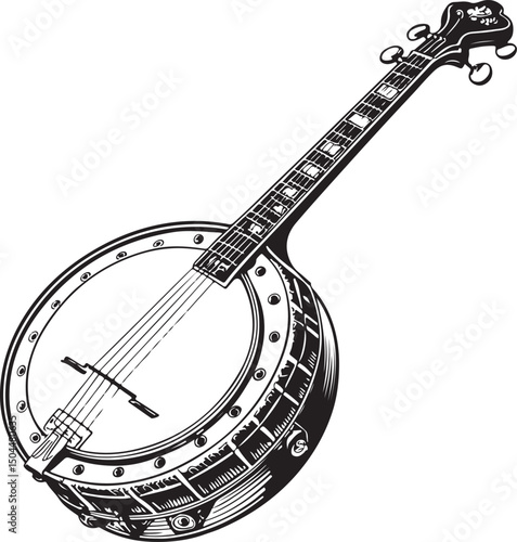Banjo Musical Instrument, Vector Illustration, Sketch Drawing Line Linear Symbol Icon Engraving Coloring Book, Hand-drawn Black and White Isolated