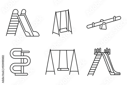 set of kids playground elements icon. Slide, swing, sandbox, carousel and more. 