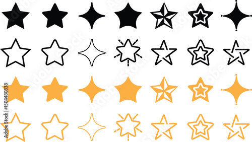 Stars icon collection. Abstract star set, geometric sparks and sparkle silhouette symbols, minimalist decorative retro starlight signs different shapes. flat and line Vector