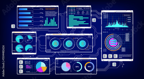 Business nation charts on dashboard display with connecting lines between countries. Concept of global trade, international economics, data analytics, and worldwide business relations.