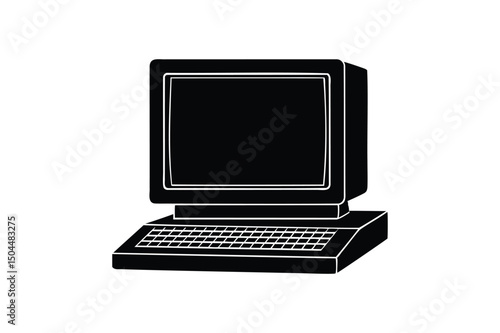 Vintage desktop computer silhouette on white background 