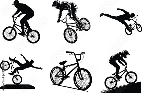 BMX Bicycle Set of Silhouette Bundle of Bicycle Vector Art for Sports and White Background. Vector Illustration.