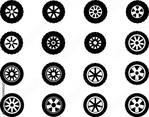 tire icon set. Car tire tread tracks. motorcycle racing wheels. dirty tires track. Tyres road maintenance. vehicle tires change mechanic workshop retro
