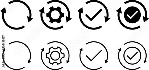 Update icon set. Moving gears with circular arrows. progress bar and install icon. Loading process. Industrial cycle concept. Rotating gear wheel 
