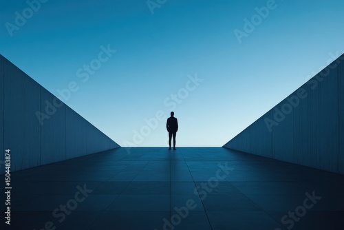Silhouette of a person standing in a minimalist architectural space with blue sky