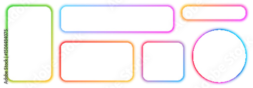 Neon rectangle frame with rounded edges, set gradient glowing illuminate electric frame, glowing neon light borders, led neon lamp