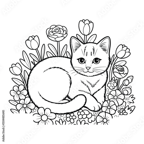 Cat in a flower bed Coloring Page, Silhouette, Vector, Illustration, Icon, Logo, White Background.