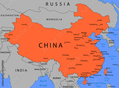 Vector china and taiwan with cities on political world map. Fragment of asian region with 
china, india, mongolia, north korea, south korea,
taiwan, nepal, bhutan, burma, vietnam, 
laos, bangladesh.