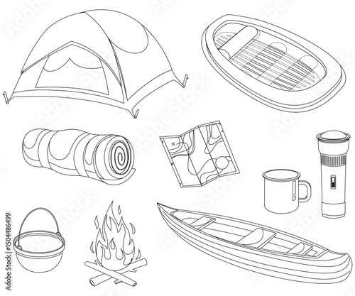 Black and white line art collection of camping and outdoor adventure equipment elements