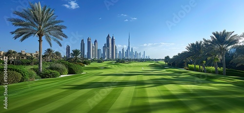 A beautiful golf course with green grass and palm trees. In the background, the Dubai skyline is visible. This is a great location for a relaxing game of golf or for taking in the views of the city.
