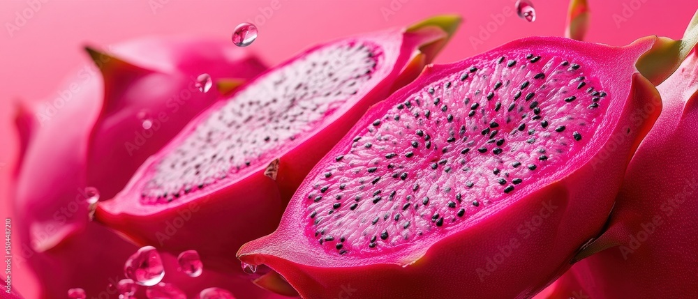 Fresh dragon fruit with water droplets on a vibrant pink background Fresh dragon fruit with water droplets on a vibrant pink background