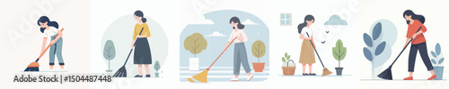vector of a woman sweeping