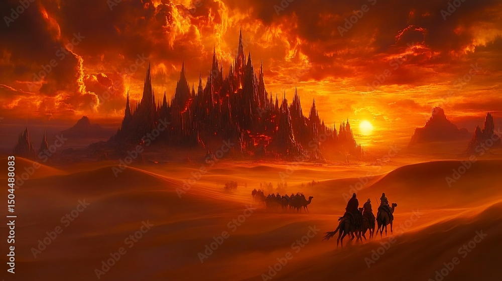 Fototapeta premium Desert travelers trek toward a fiery, ominous castle at sunset