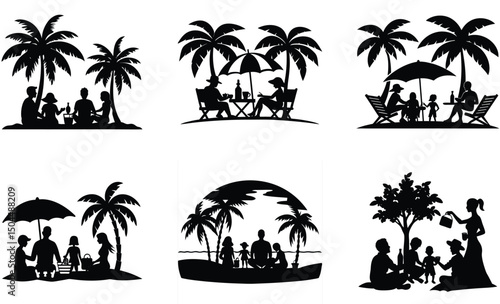 Person Relaxing on Beach Chair Under Umbrella and Palm Tree Silhouette Vector – Coastal Leisure Scene, Tropical Vacation Mood, and Summer Seaside Chill Design
