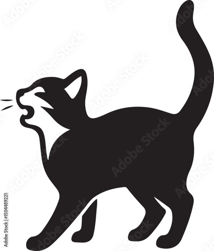 Angry cat silhouette meowing loudly, Black and white yelling cat illustration