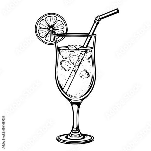 Lemonade Glass Line Art with Straw and Ice, Black Outlines on White, Beverage Illustration