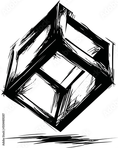 Abstract black and white sketch of an impossible geometric cube drawing. Vector illustration