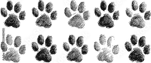 Black and white sketched paw print patterns. Vector illustration