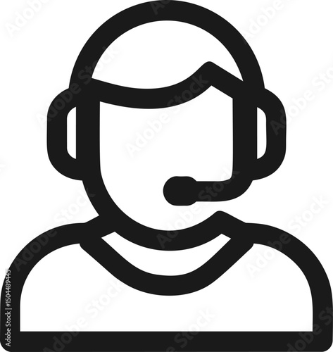 Simple black line icon of customer service representative with headset. Vector illustration