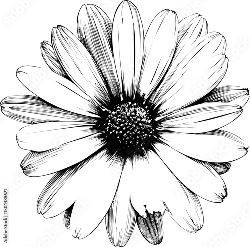 Black and white sketch of a daisy with detailed petals and center. Vector illustration