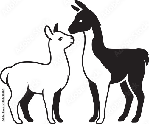 Two llamas touching noses illustration, Affectionate llama pair black and white
