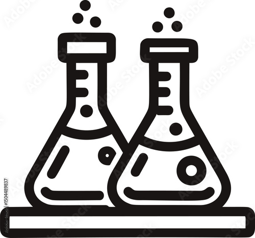 Two laboratory beakers with bubbles in minimalist black line art. Vector illustration